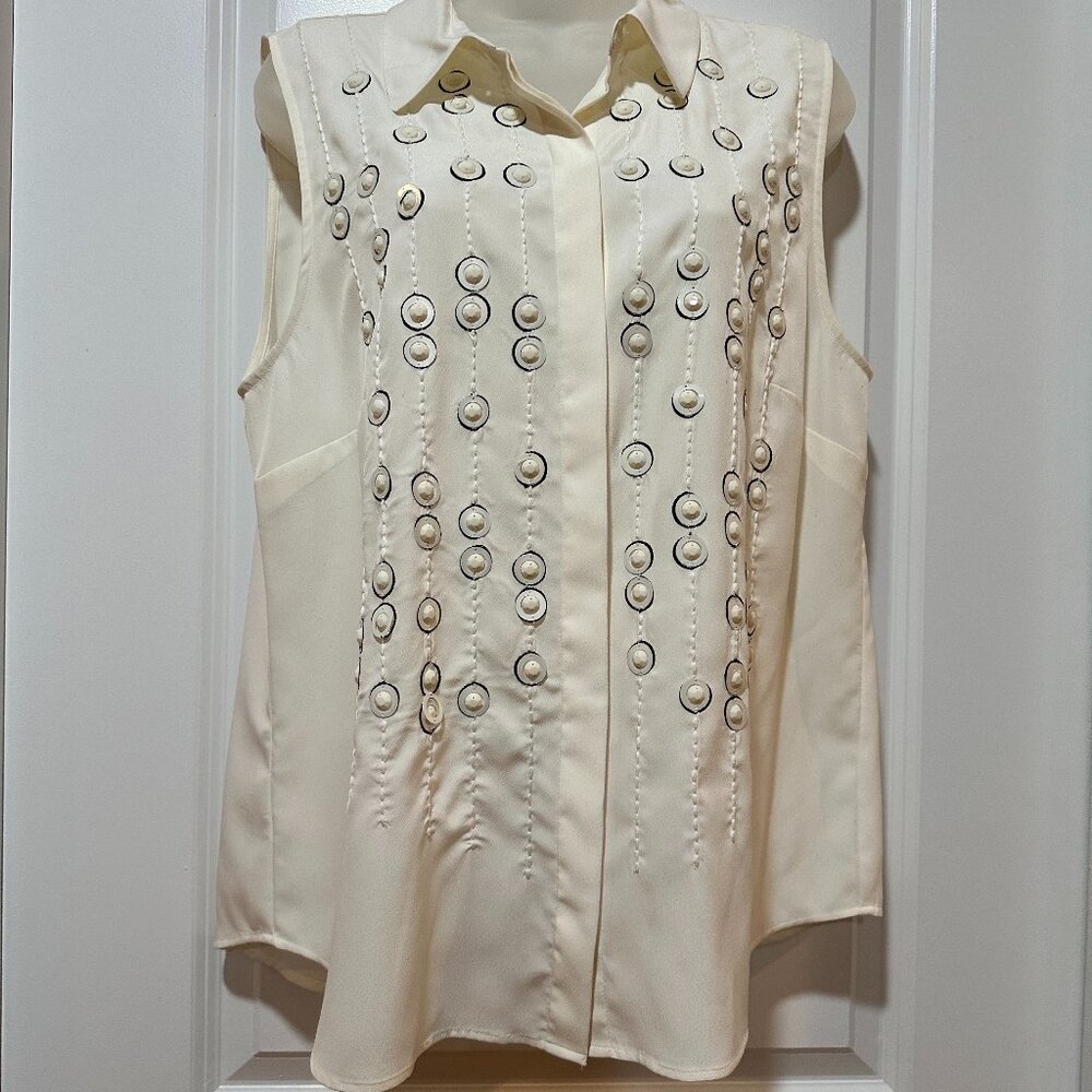 New Ann Taylor White Blouse w/Gem Stone Detail, Sleeveless, Size 12 (NWOT)